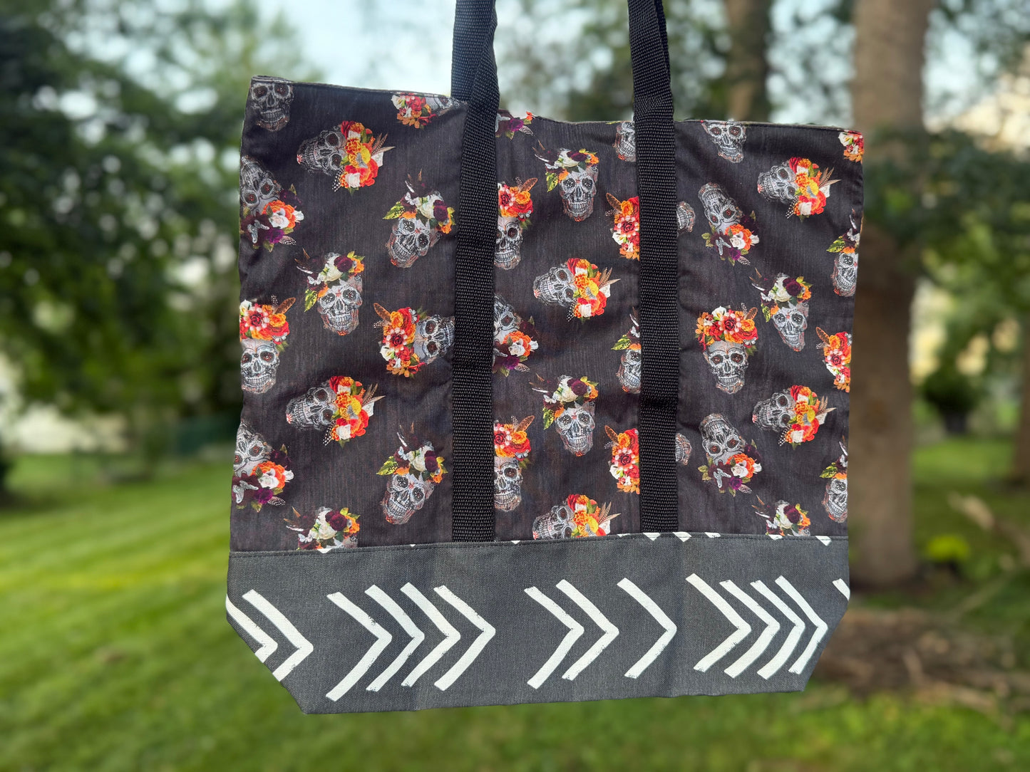 Skull with flowers tote bag by Urban Ewe